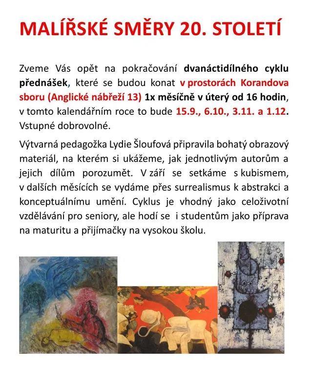 Plakátek k podzimnímu pokračování cyklu přednášek Malířské směry 20. století